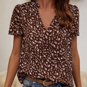 Brown floral notch neck top – ENA